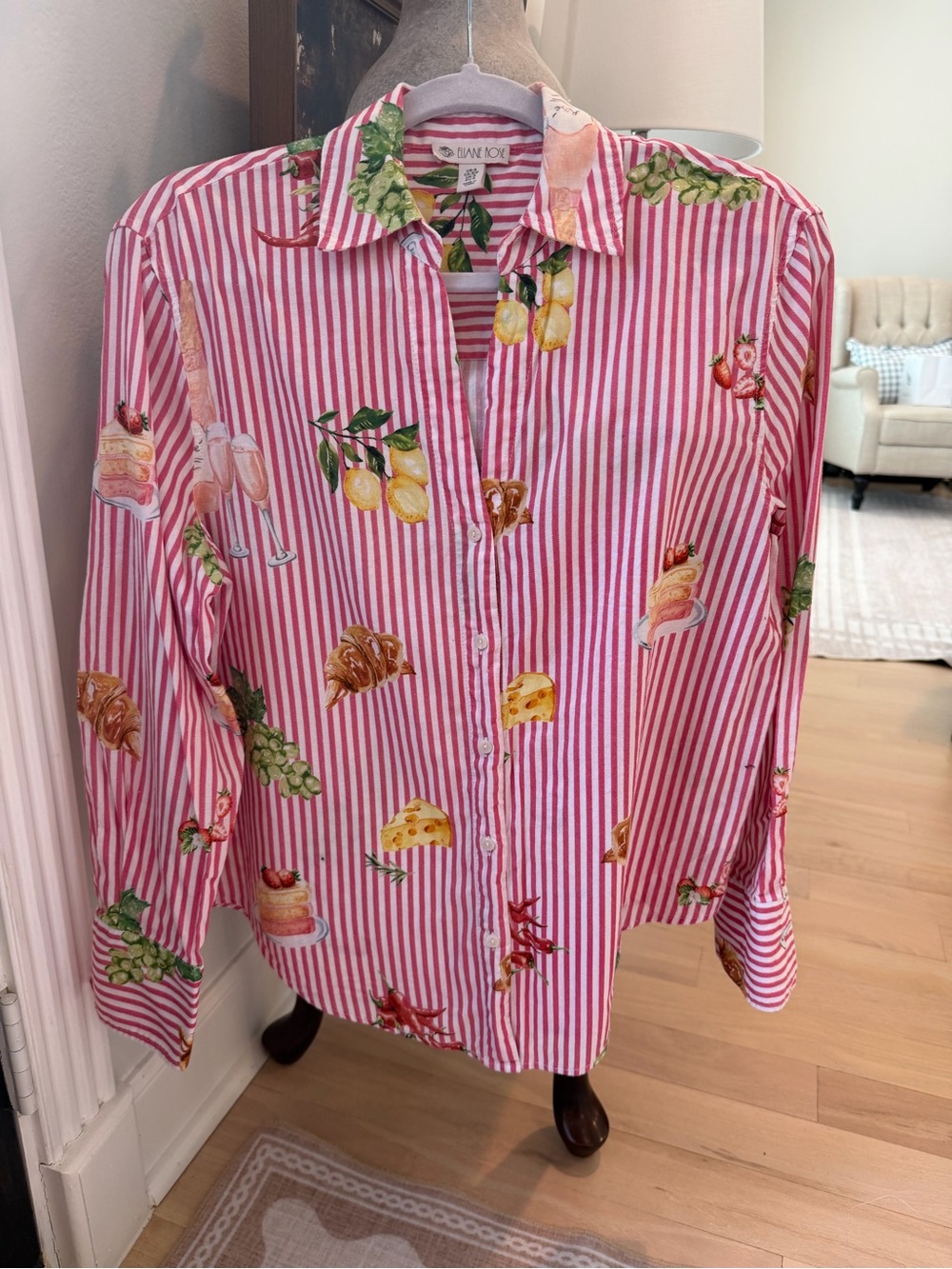 Pink Striped Fruit & Pastry Button-Up Blouse